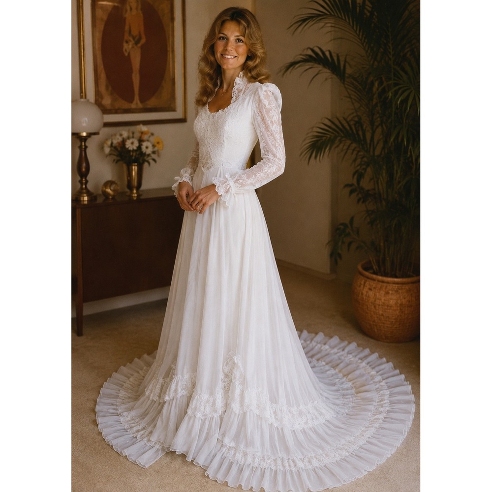 70s Union Label Victorian Lace Wedding Dress Pearl Beaded Ruffle Cathedral Train